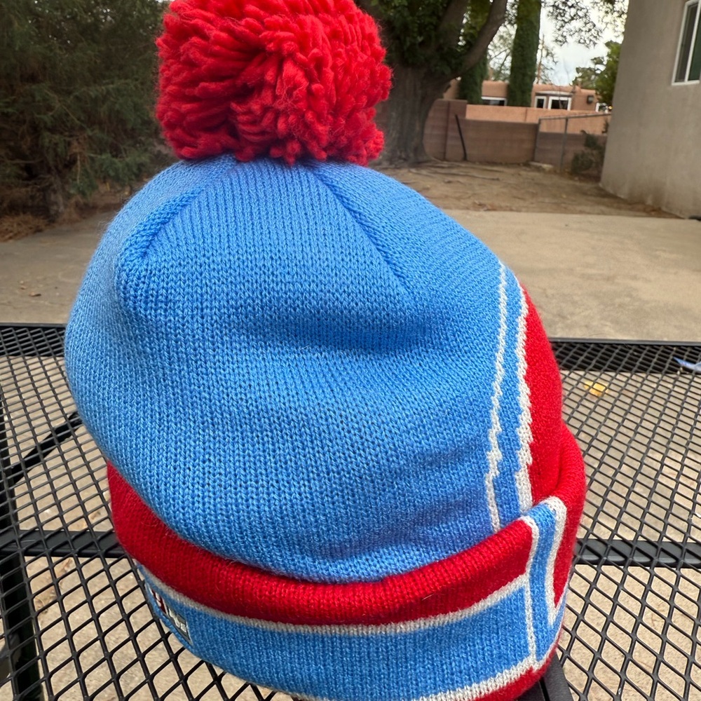 Blue and Red Pom-Pom Beanie - Picture 4 of 4